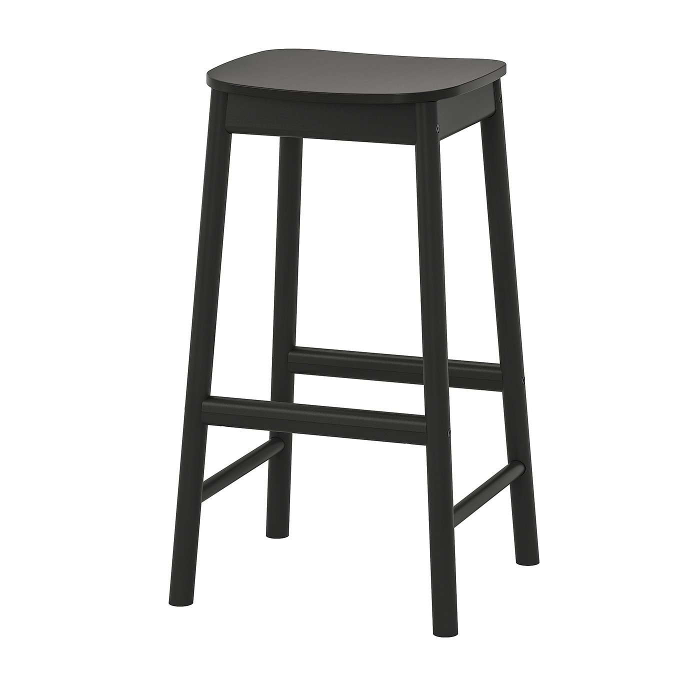 Black RÖNNINGE stool with metal legs and curved wooden seat.