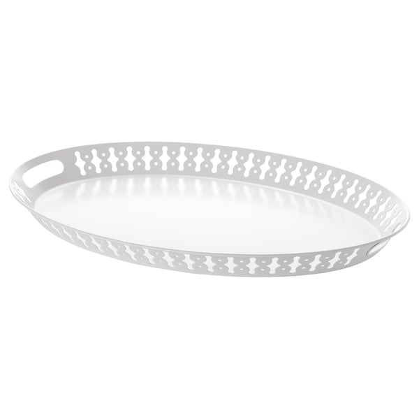 A white romantik tray with cut-out handles and patterns around the edge.