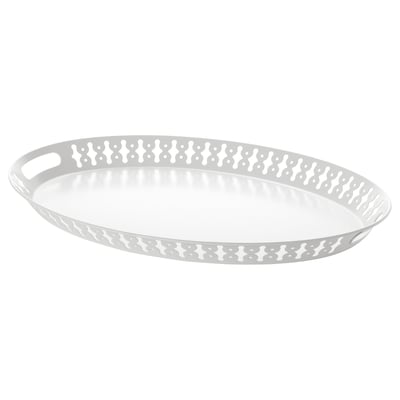 A white romantik tray with cut-out handles and patterns around the edge.