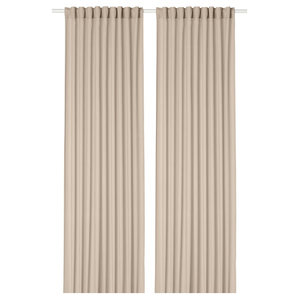 Pair of beige sheer curtains with rod pocket, sheer fabric, rectangular shape.