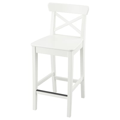 A white wooden bar stool named ROSENTORP. It has a square seat, cross-back design, and sturdy legs with a footrest.