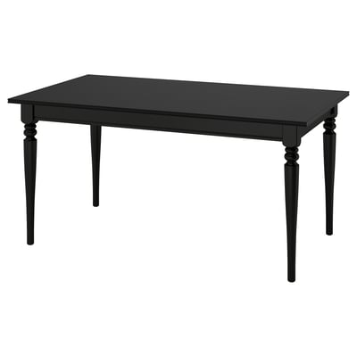Black ROSENTORP extendable dining table, rectangular, solid wood legs, melamine top, underleaf storage.