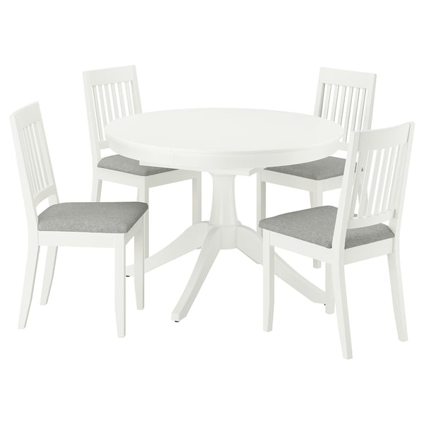 White ROSENTORP dining set: round table, 4 matching chairs with grey cushions. Solid wood, extendable.