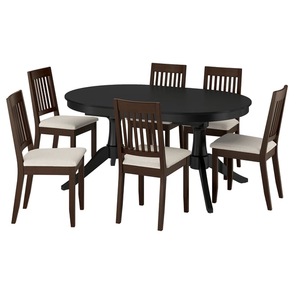ROSENTORP dining set: black oval table, 6 brown chairs with beige cushions.