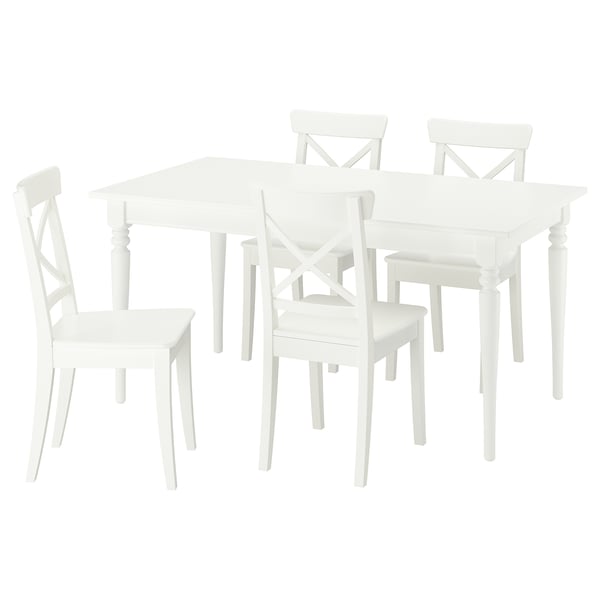 ROSENTORP dining set: white table & 4 chairs, solid wood, extendable.