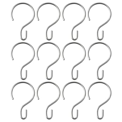 Twelve silver metal hooks, arranged in four rows and three columns, each shaped like a question mark.