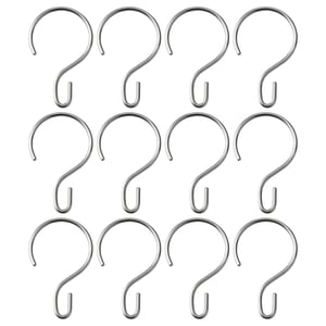 Twelve silver metal hooks, arranged in four rows and three columns, each shaped like a question mark.