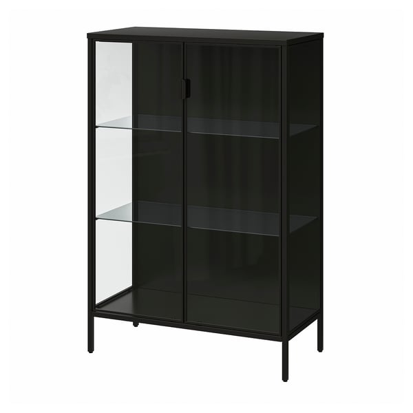 Black RUDSTA cabinet: sleek metal & glass, holds collectibles, secure with padlock.