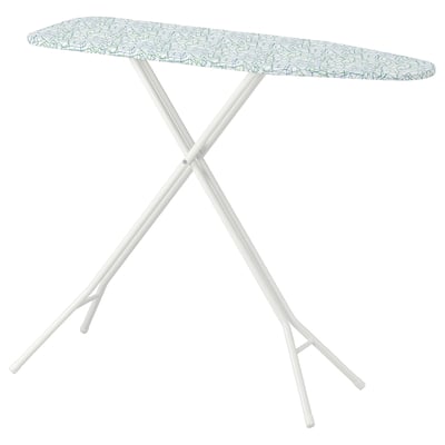 The RUTER ironing board a white, geometric-patterned fabric top and four white metal legs for stability.