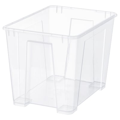 A clear plastic SAMLA storage box, square-shaped and transparent, ideal for organising and storing various items.