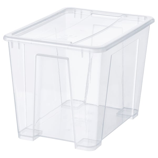 A clear plastic SAMLA storage box, rectangular shaped, with a locking lid for secure storage.