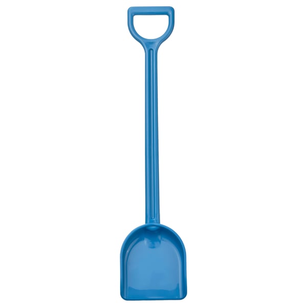 Blue beach sand spade, plastic, d-shaped handle, rounded scoop, kids toy.