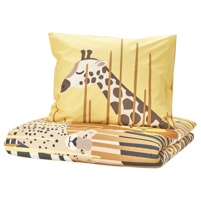 Yellow kids bedding set with giraffe designs. Includes duvet cover & pillowcase, cotton & viscose.