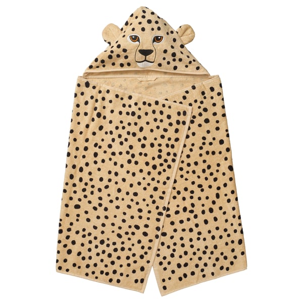 SANDLÖPARE cheetah towel, beige with black spots, soft cotton, hooded with 3d cheetah face, kids bath accessory.