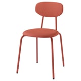 A modern orange sandberg chair with polyester seat and back, red splayed legs, metal frame.