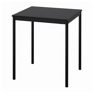 A sandberg table, black with a square top and metal legs.