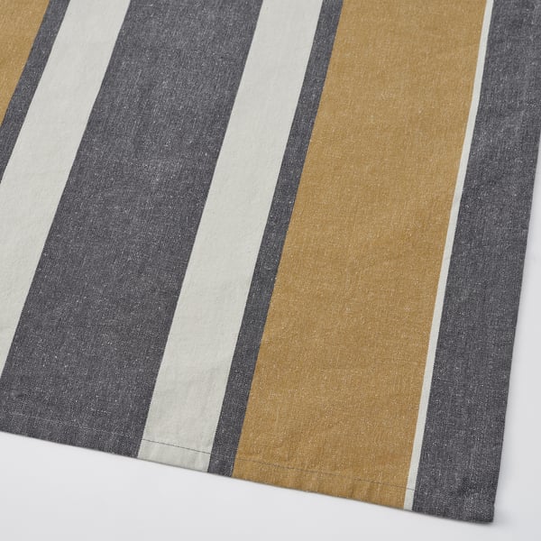 Striped tea towel close-up. Grey, beige, and white stripes are visible. Fabric appears soft and tightly woven.