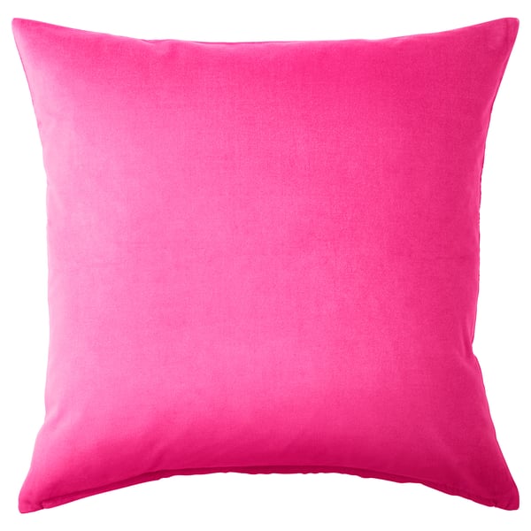 Bright pink square throw pillow with soft cotton velvet texture. Simple and modern design, no patterns.