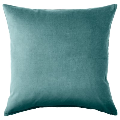 SANELA teal velvet square pillow. Plain design, soft touch, cotton cover.
