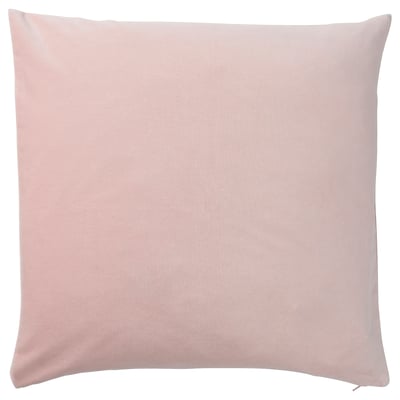 Square light pink throw pillow with zip, soft cotton velvet.