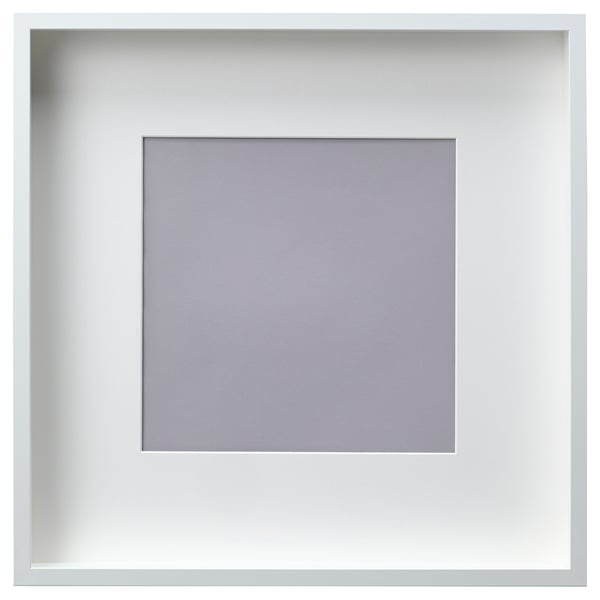 White squared picture frame with grey inner mat, safe plastic front.
