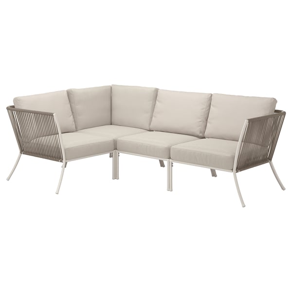 A modern, light beige outdoor sectional sofa with a metal frame and woven rope design.