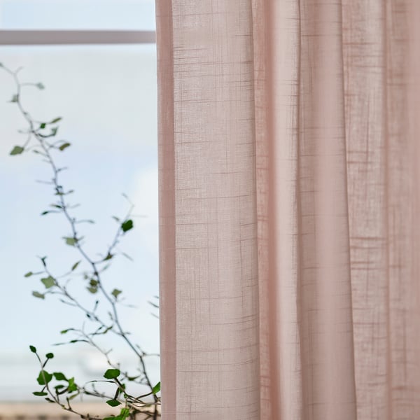 Pink SILVERLÖNN sheer curtains partially drawn, filtered light, privacy, heading tape for pleating or rod-pocket.