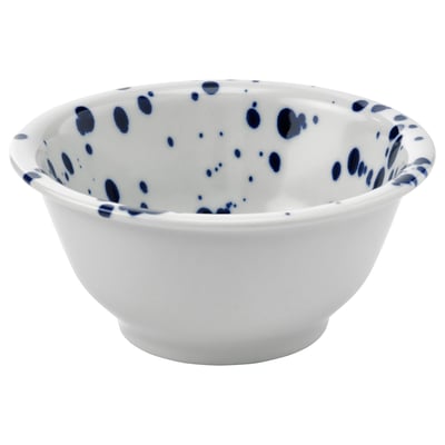 White round bowl, blue splatter design, ceramic.