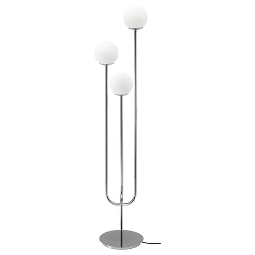 SIMRISHAMN chrome lamp: three white glass globes, chrome metal, tall, slim, modern, floor-standing design.
