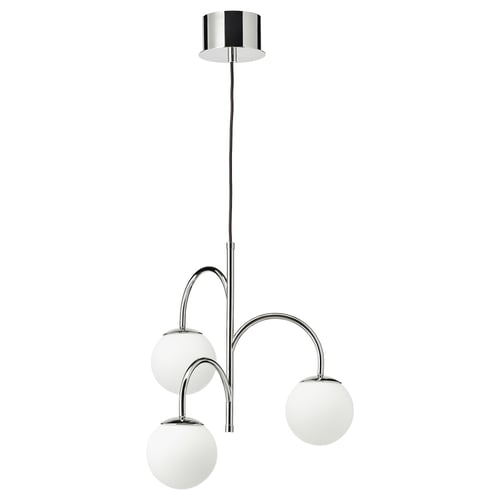 A SIMRISHAMN lamp with three chrome arms and white glass globes. Sleek and modern design.