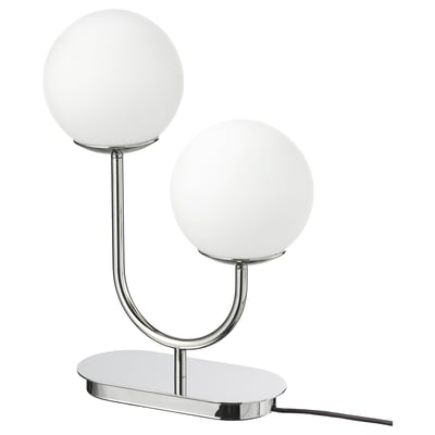 SIMRISHAMN chrome lamp with two white globes. Modern glass and metal design.