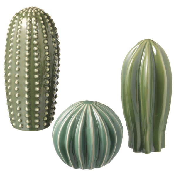 Three green ceramic cactuses, one tall, one wide, one round, detailed and smooth textures.