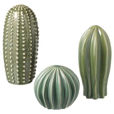 Three green ceramic cactuses, one tall, one wide, one round, detailed and smooth textures.