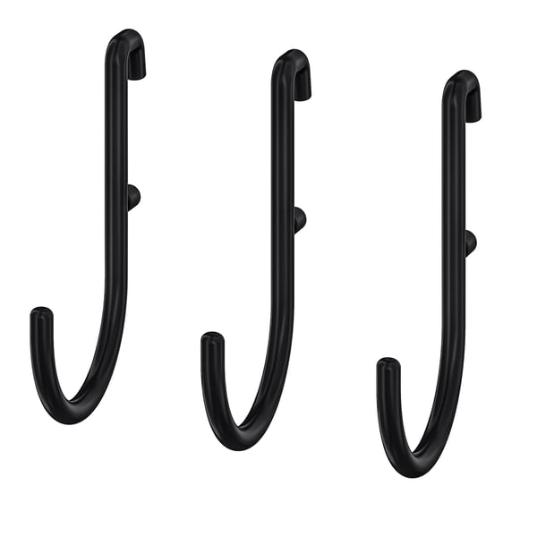 Three black metal hooks, shaped like j, for hanging items.