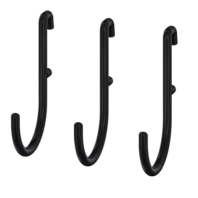 Three black metal hooks, shaped like j, for hanging items.