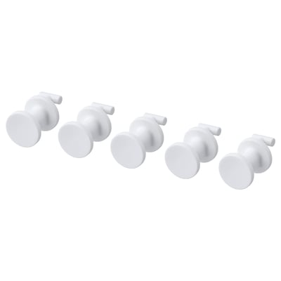 Multiple sets of white, round, interlocking hooks on a clear background.