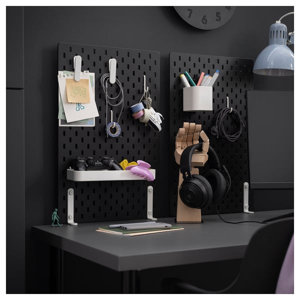 SKÅDIS black pegboard desk organizer with accessories including trays, hooks, and containers for office, bathroom, or kitchen use.