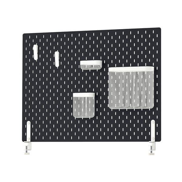 SKÅDIS pegboard organiser: black board with round holes, 3 mesh bags, 4 clips. Modern design for easy organisation.