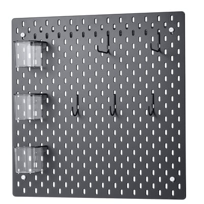 SKÅDIS grey pegboard with hooks and plastic containers. Organised wall storage solution.