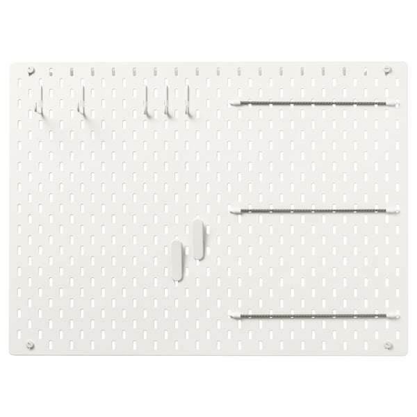 SKÅDIS white pegboard, rectangular with evenly spaced holes, holding various metal hooks and bars.