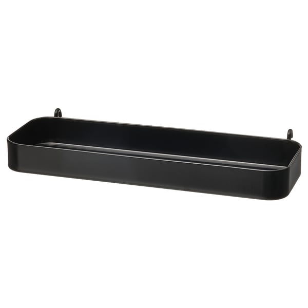 SKÅDIS black rectangular wall shelf. Modern, minimal, metal with glossy finish. No visible support, seamless design.