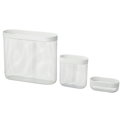 Three white mesh storage bins in varying sizes, rectangular, cylindrical, and oval shapes, designed for organising small items.
