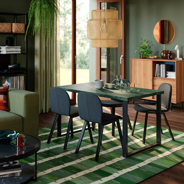 SKÅLSTA Table and 4 chairs, dark grey-green marble effect U-shaped black-grey/Knäbäck dark grey profiled metal/black-grey, 140x80 cm