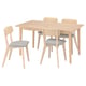 Modern lightwood dining set with 1 table, 4 chairs, grey seats.