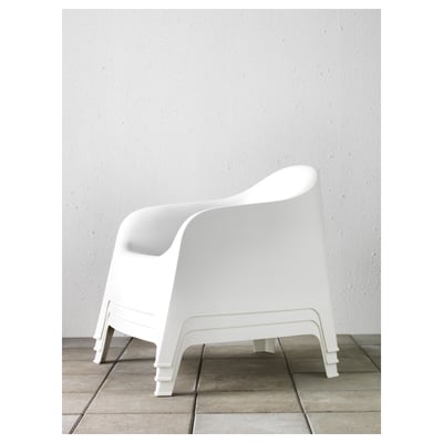 White outdoor armchair, stackable, with drain hole, fade-resistant, uv stabilised.