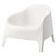 SKARPÖ white plastic garden chair, curved arms, durable, stackable.