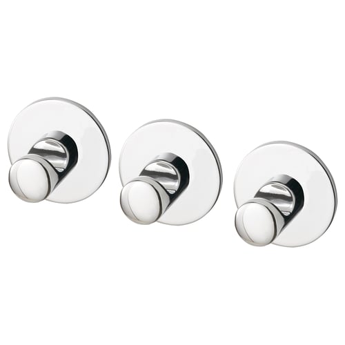 Three chrome-finished, round hooks with self-adhesive tape on back for wall mounting. Modern, minimalist design.