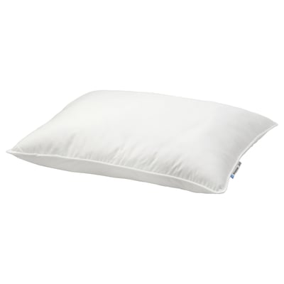 White SKOGSFRÄKEN pillow, rectangular, soft, with breathable cotton/lyocell cover, supportive for stomach sleepers.