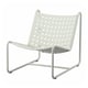 A light grey SKOGSÖN chair with perforated steel seat and back, rounded shapes, and metal legs.