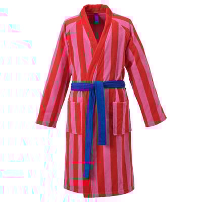 SKOGSSALLAT bathrobe, red/pink stripes, plush cotton, belted design.